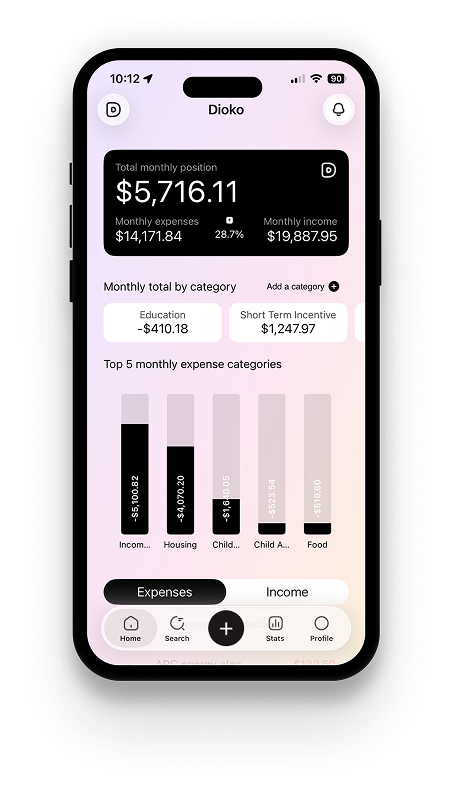 Dioko app screenshot showing a personal finance dashboard