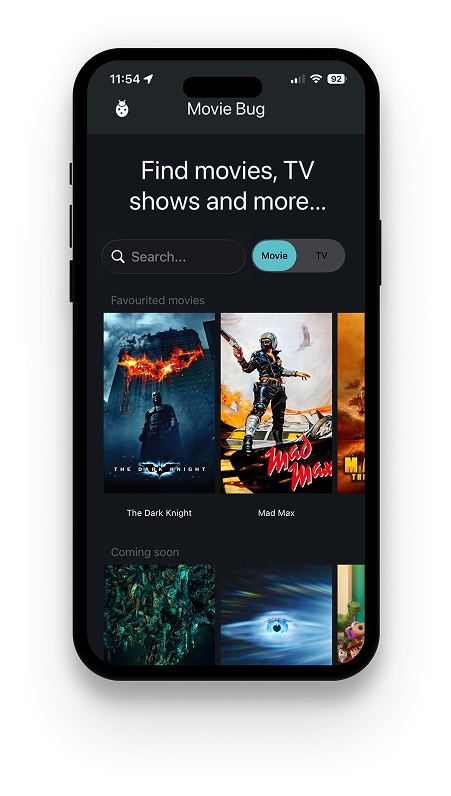 Movie Bug app screenshot showing movie search results