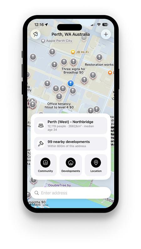 Oikosly app screenshot showing a suburb map with population, development and crime data