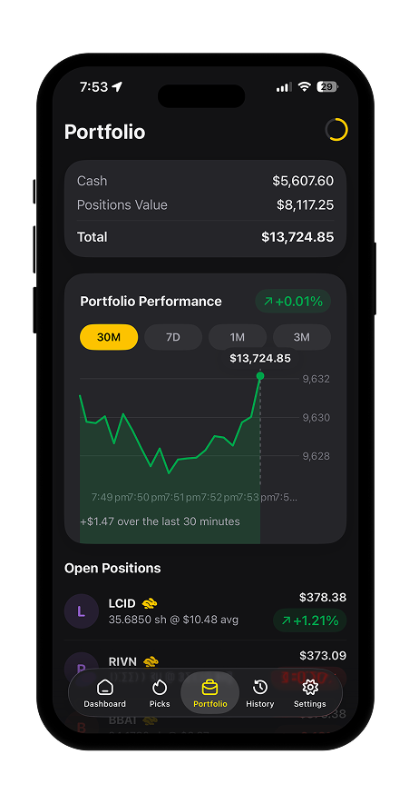 Pocket Billions app screenshot showing a portfolio dashboard
